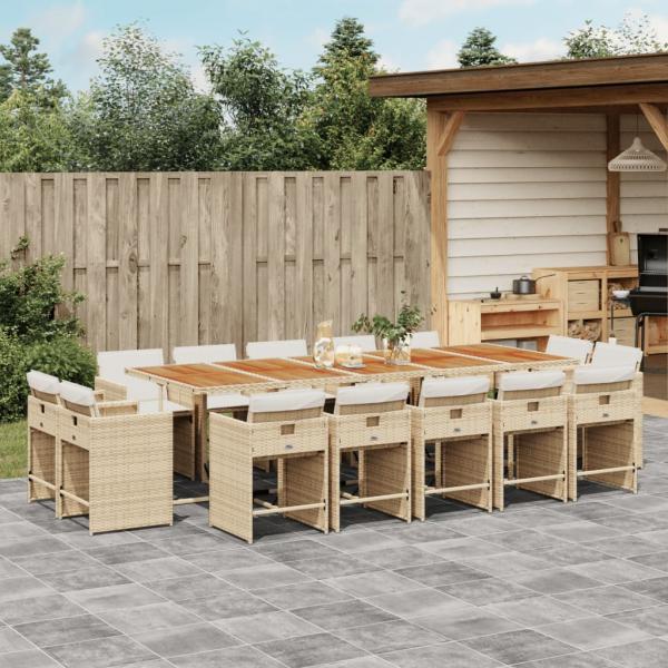 ARDEBO.de - 15-tlg. Garten-Essgruppe mit Kissen Beige Poly Rattan