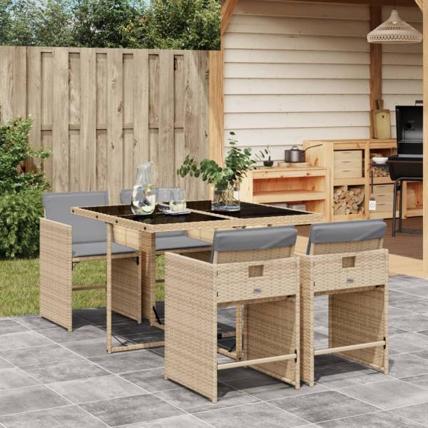 ARDEBO.de - 5-tlg. Garten-Essgruppe mit Kissen Beigemischung Poly Rattan