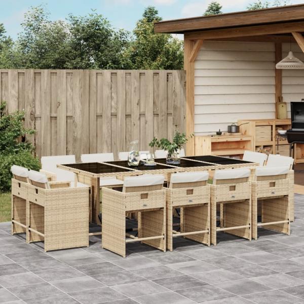 ARDEBO.de - 13-tlg. Garten-Essgruppe mit Kissen Beige Poly Rattan