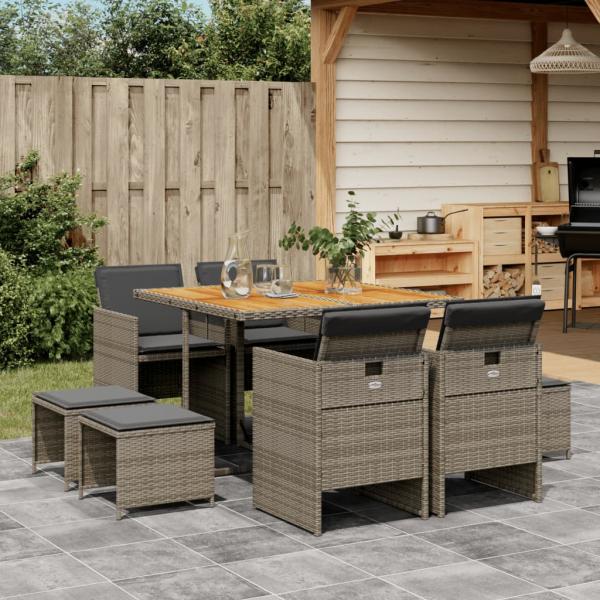 ARDEBO.de - 9-tlg. Garten-Essgruppe mit Kissen Grau Poly Rattan