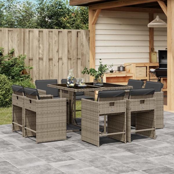 ARDEBO.de - 9-tlg. Garten-Essgruppe mit Kissen Grau Poly Rattan