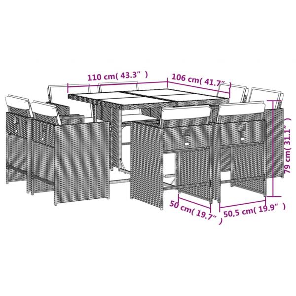 9-tlg. Garten-Essgruppe mit Kissen Grau Poly Rattan