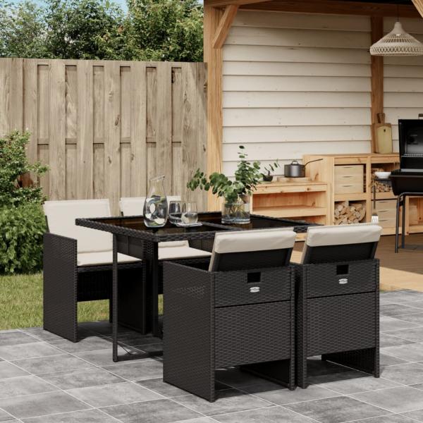 ARDEBO.de - 5-tlg. Garten-Essgruppe mit Kissen Schwarz Poly Rattan