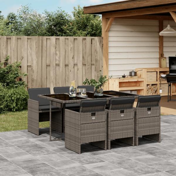 ARDEBO.de - 7-tlg. Garten-Essgruppe mit Kissen Grau Poly Rattan