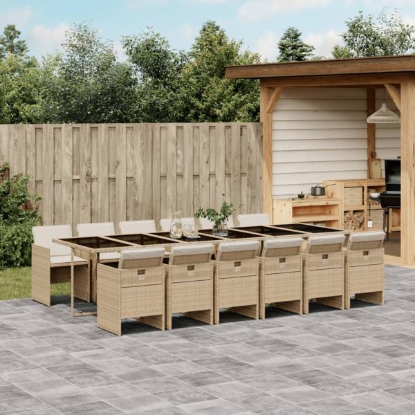 ARDEBO.de - 13-tlg. Garten-Essgruppe mit Kissen Beige Poly Rattan