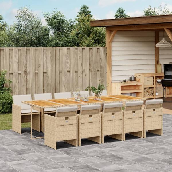 ARDEBO.de - 11-tlg. Garten-Essgruppe mit Kissen Beige Poly Rattan