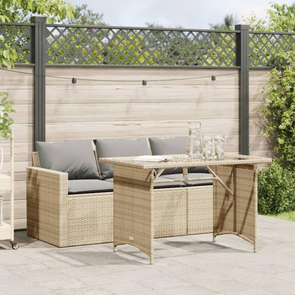 ARDEBO.de - 2-tlg. Garten-Essgruppe mit Kissen Beige Poly Rattan