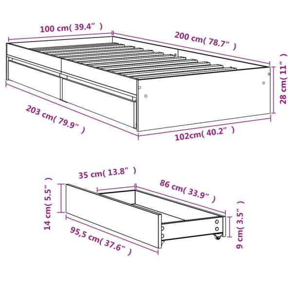 Bettgestell mit Schubladen Räuchereiche 100x200cm Holzwerkstoff