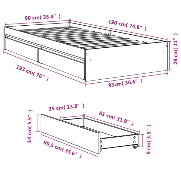 Bettgestell mit Schubladen Grau Sonoma 90x190 cm Holzwerkstoff