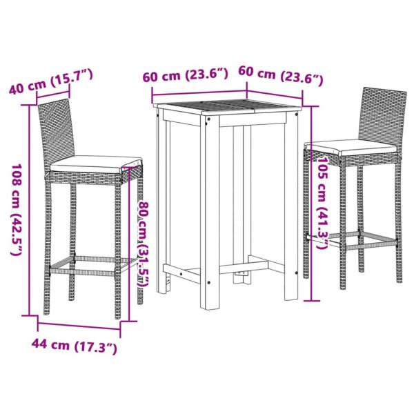 3-tlg. Gartenbar-Set Schwarz Massivholz Akazie und Poly Rattan