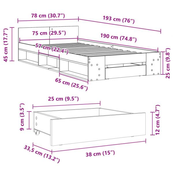 Bettgestell mit Schublade Räuchereiche 75x190 cm Holzwerkstoff