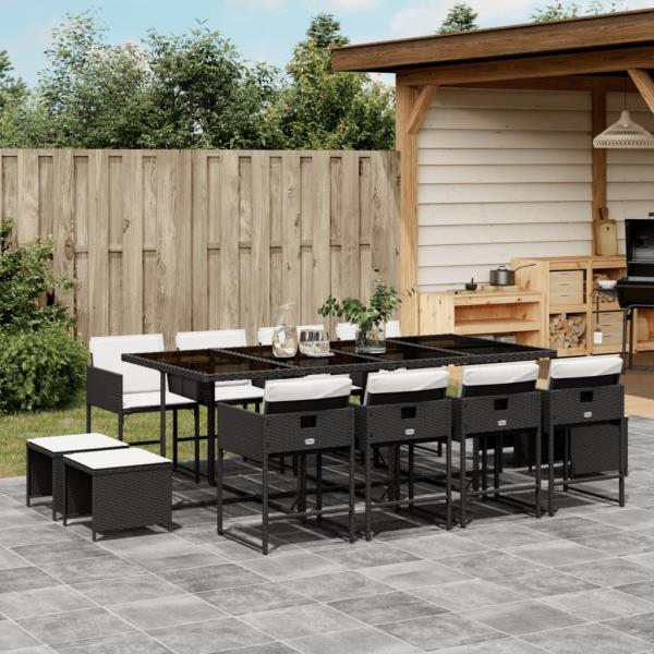 ARDEBO.de - 13-tlg. Garten-Essgruppe mit Kissen Schwarz Poly Rattan