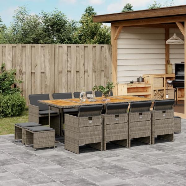 ARDEBO.de - 13-tlg. Garten-Essgruppe mit Kissen Grau Poly Rattan