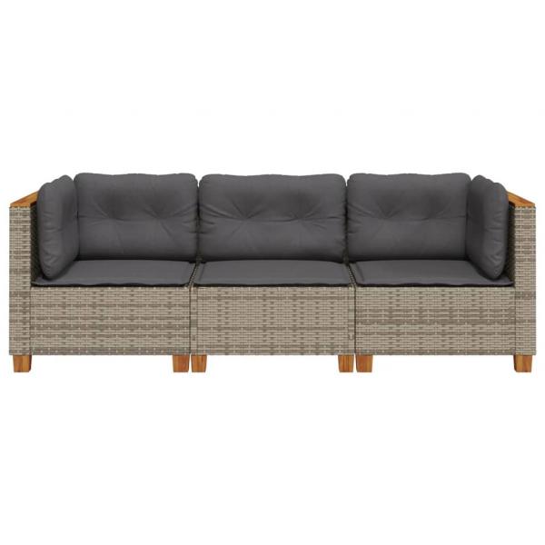 Gartensofa mit Kissen 3-Sitzer Grau Poly Rattan