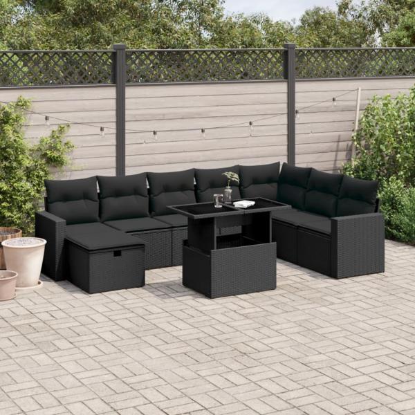 ARDEBO.de - 9-tlg. Garten-Sofagarnitur mit Kissen Schwarz Poly Rattan