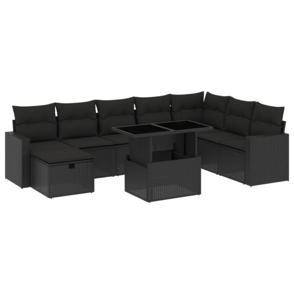 9-tlg. Garten-Sofagarnitur mit Kissen Schwarz Poly Rattan