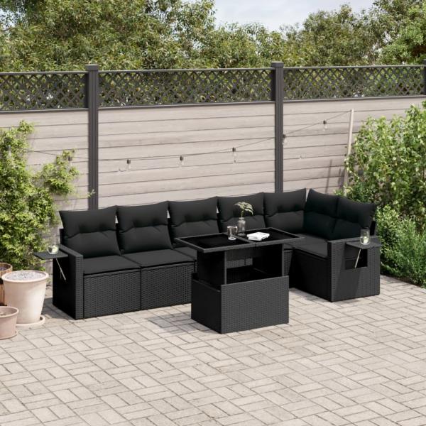 ARDEBO.de - 7-tlg. Garten-Sofagarnitur mit Kissen Schwarz Poly Rattan