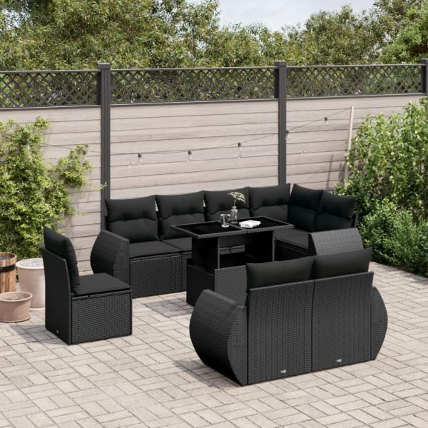 ARDEBO.de - 9-tlg. Garten-Sofagarnitur mit Kissen Schwarz Poly Rattan