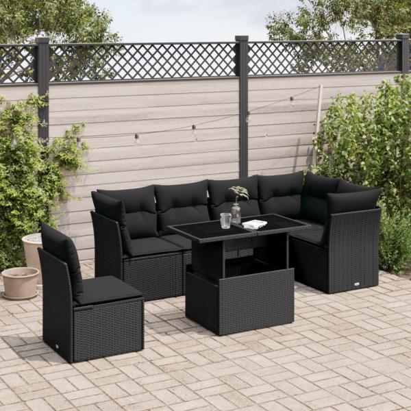 ARDEBO.de - 7-tlg. Garten-Sofagarnitur mit Kissen Schwarz Poly Rattan