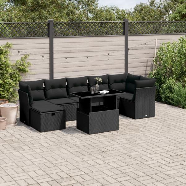 ARDEBO.de - 8-tlg. Garten-Sofagarnitur mit Kissen Schwarz Poly Rattan