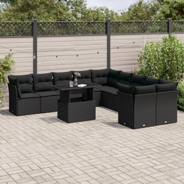 ARDEBO.de - 11-tlg. Garten-Sofagarnitur mit Kissen Schwarz Poly Rattan