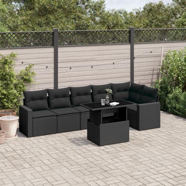 ARDEBO.de - 7-tlg. Garten-Sofagarnitur mit Kissen Schwarz Poly Rattan