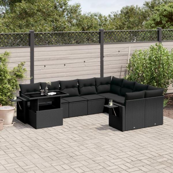 ARDEBO.de - 10-tlg. Garten-Sofagarnitur mit Kissen Schwarz Poly Rattan