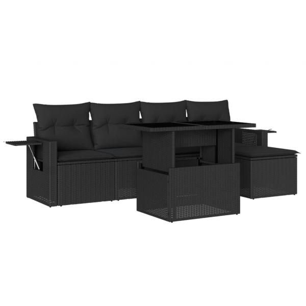 6-tlg. Garten-Sofagarnitur mit Kissen Schwarz Poly Rattan