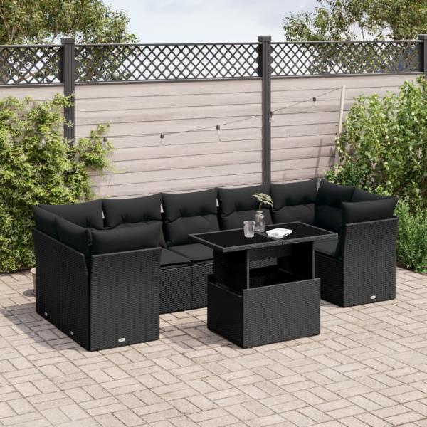 ARDEBO.de - 8-tlg. Garten-Sofagarnitur mit Kissen Schwarz Poly Rattan