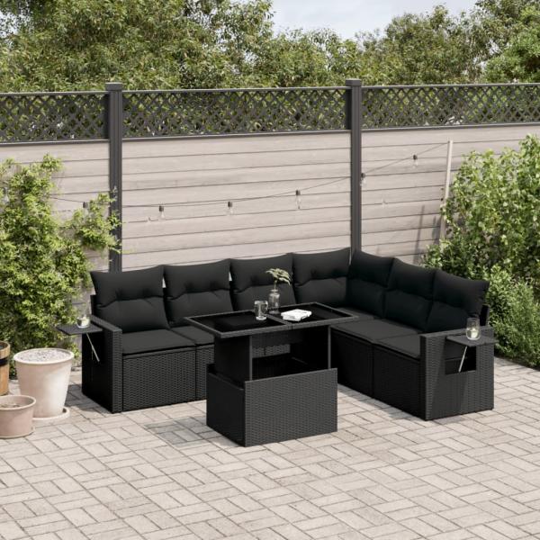 ARDEBO.de - 7-tlg. Garten-Sofagarnitur mit Kissen Schwarz Poly Rattan