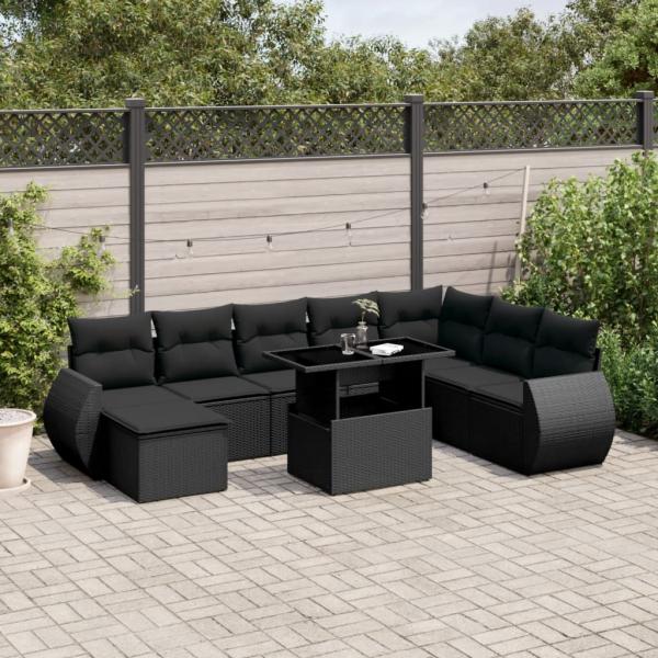 ARDEBO.de - 9-tlg. Garten-Sofagarnitur mit Kissen Schwarz Poly Rattan