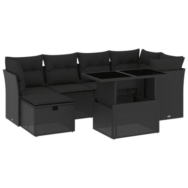 7-tlg. Garten-Sofagarnitur mit Kissen Schwarz Poly Rattan