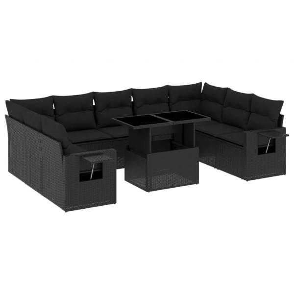 10-tlg. Garten-Sofagarnitur mit Kissen Schwarz Poly Rattan