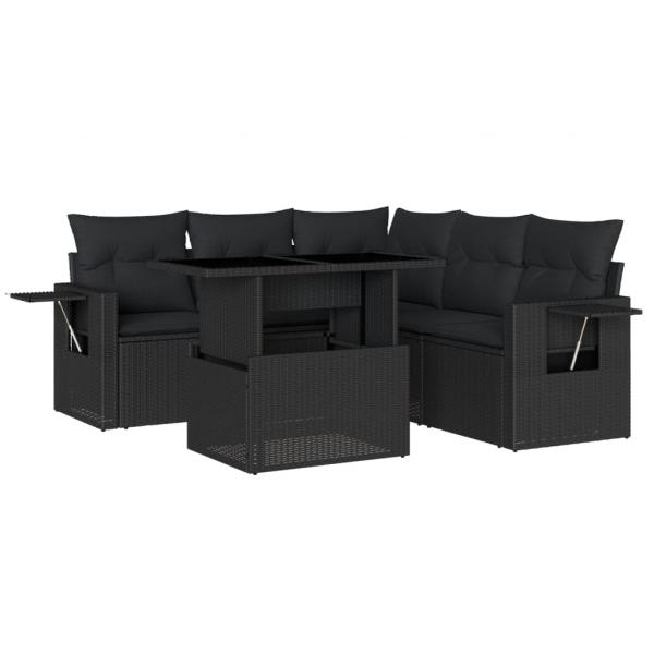 6-tlg. Garten-Sofagarnitur mit Kissen Schwarz Poly Rattan