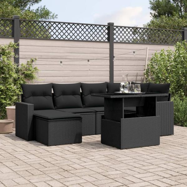 ARDEBO.de - 7-tlg. Garten-Sofagarnitur mit Kissen Schwarz Poly Rattan