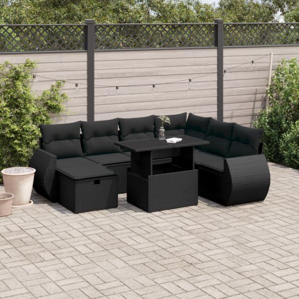 ARDEBO.de - 8-tlg. Garten-Sofagarnitur mit Kissen Schwarz Poly Rattan