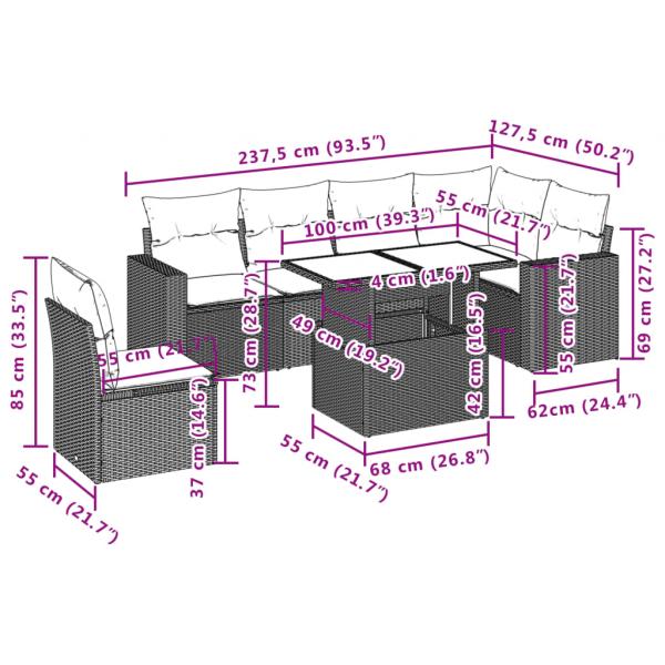 7-tlg. Garten-Sofagarnitur mit Kissen Schwarz Poly Rattan