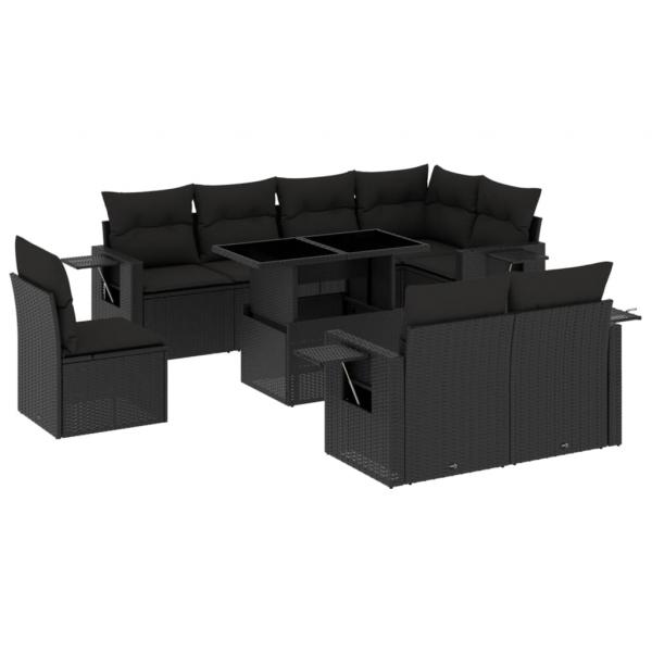 9-tlg. Garten-Sofagarnitur mit Kissen Schwarz Poly Rattan