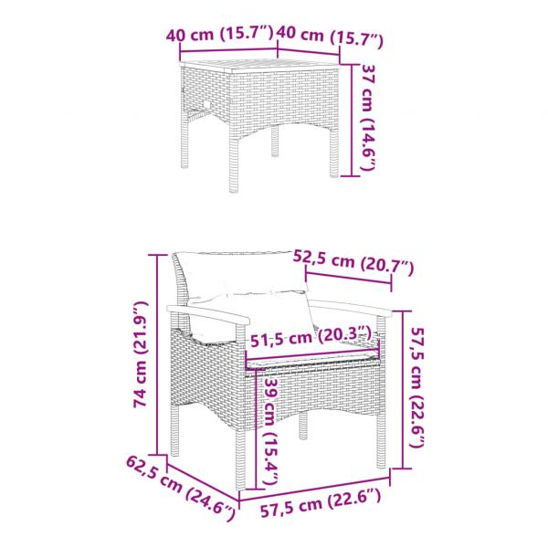 3-tlg. Garten-Sofagarnitur mit Kissen Grau Poly Rattan