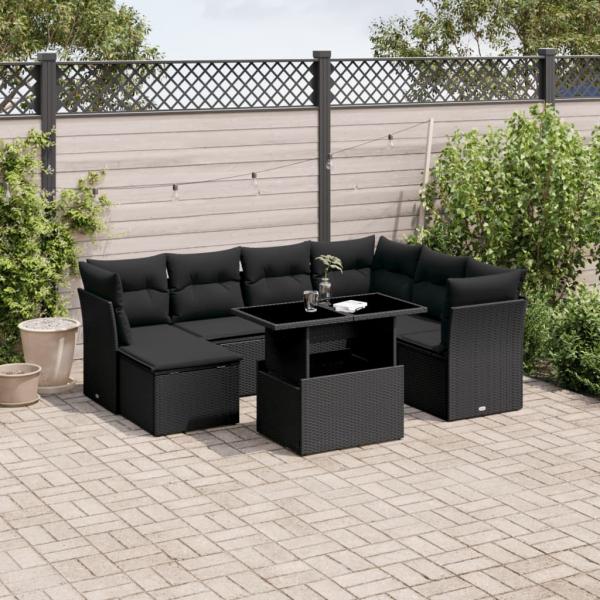 ARDEBO.de - 8-tlg. Garten-Sofagarnitur mit Kissen Schwarz Poly Rattan