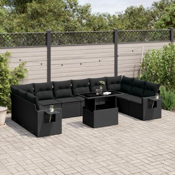 ARDEBO.de - 11-tlg. Garten-Sofagarnitur mit Kissen Schwarz Poly Rattan