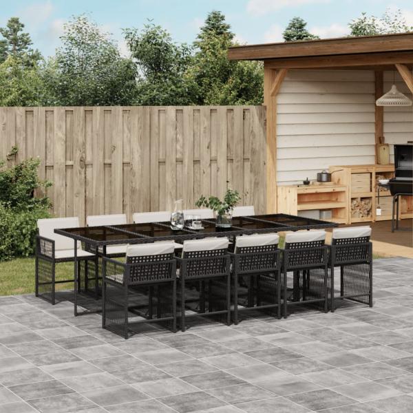 ARDEBO.de - 11-tlg. Garten-Essgruppe mit Kissen Schwarz Poly Rattan