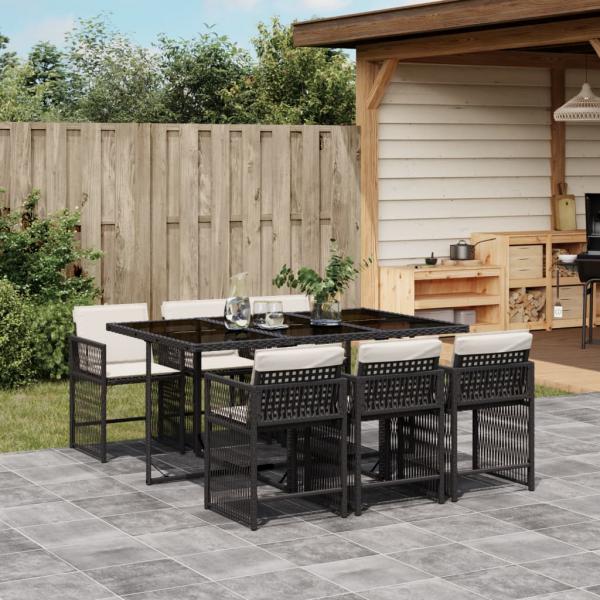 ARDEBO.de - 7-tlg. Garten-Essgruppe mit Kissen Schwarz Poly Rattan