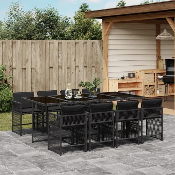 ARDEBO.de - 9-tlg. Garten-Essgruppe mit Kissen Schwarz Poly Rattan