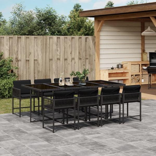 ARDEBO.de - 9-tlg. Garten-Essgruppe mit Kissen Schwarz Poly Rattan