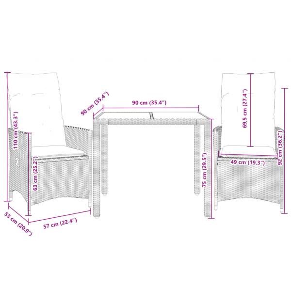 3-tlg. Bistro-Set mit Kissen Beige Poly Rattan