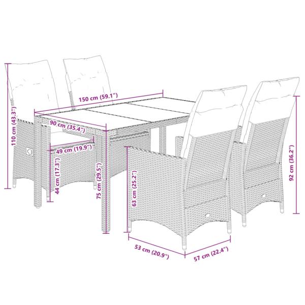 5-tlg. Garten-Essgruppe mit Kissen Beige Poly Rattan