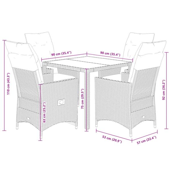 5-tlg. Garten-Essgruppe mit Kissen Grau Poly Rattan