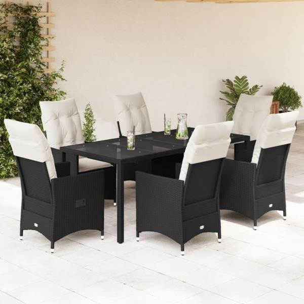 ARDEBO.de - 7-tlg. Garten-Essgruppe mit Kissen Schwarz Poly Rattan