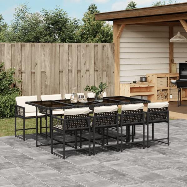 ARDEBO.de - 9-tlg. Garten-Essgruppe mit Kissen Schwarz Poly Rattan